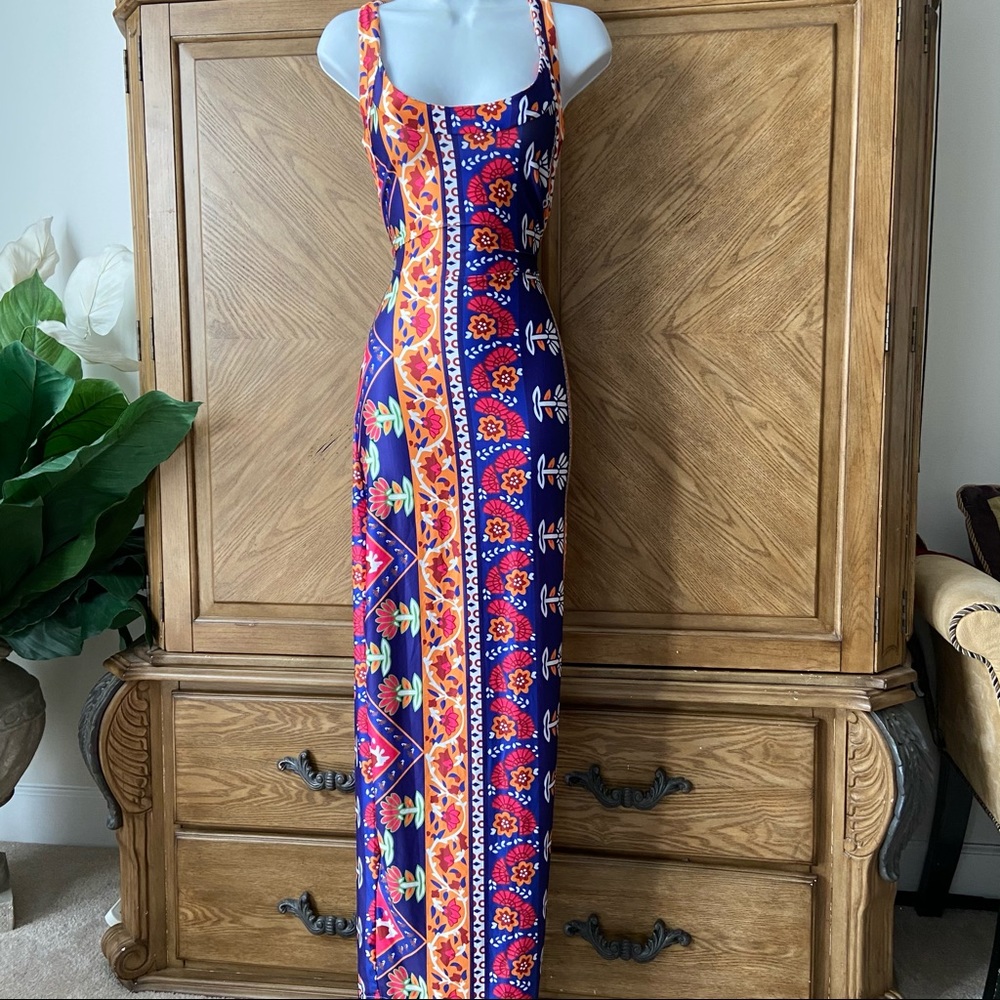 Multicolor floral print low back Halter Maxi